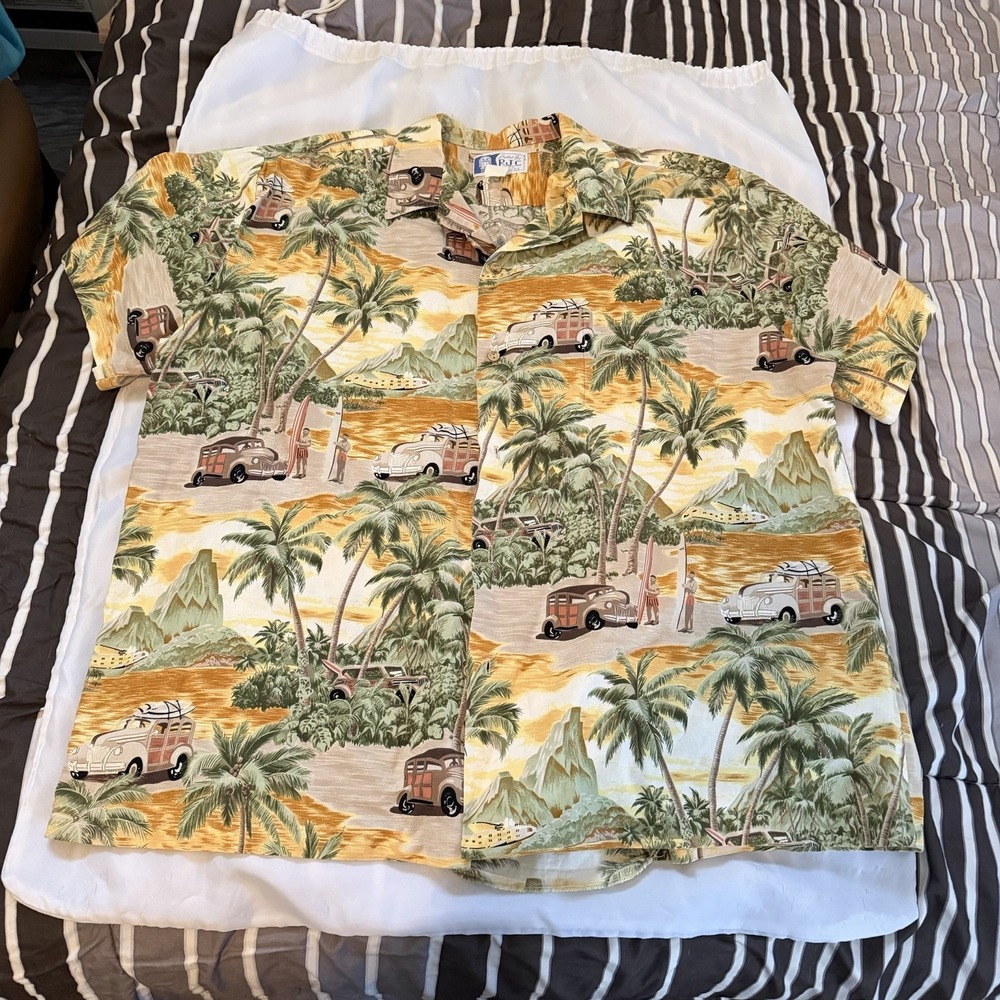 RJC Hawaiian Shirt Men's‎ Short Sleeve Beige Woody Car Palms Beach